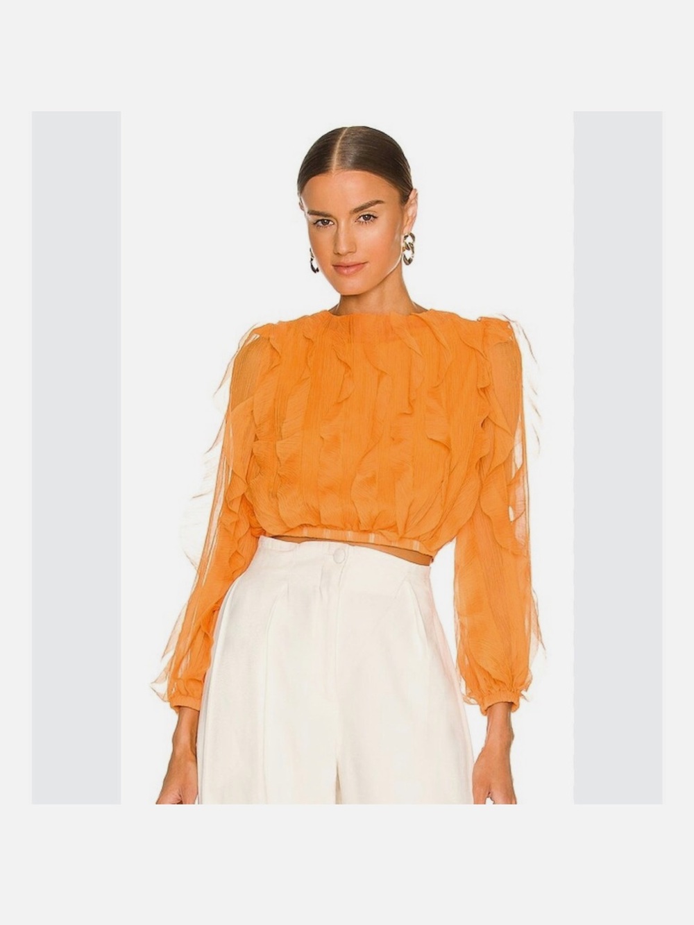 Elliatt Orange Sheer Ruffle Cropped Blouse